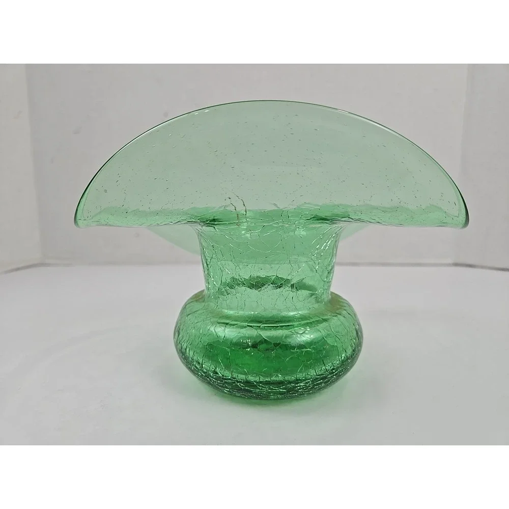 Elegant Blenko? Jack In the Pulpit Green Crackle Blown Art Glass Vase w Pontil